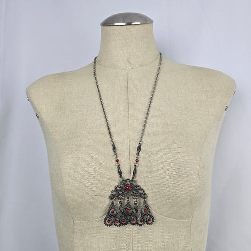 Vintage Silver Tone Filigree Pendant Necklace Red Bead Dangles