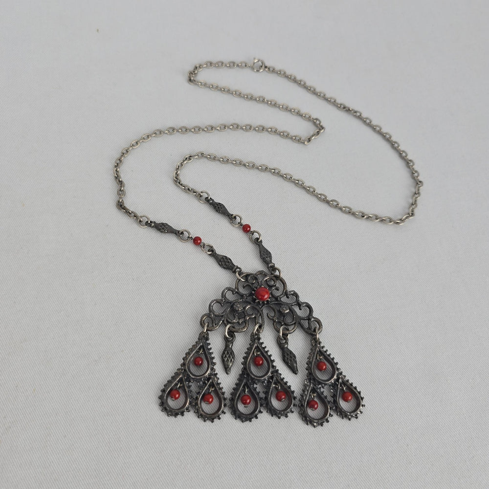 Vintage Silver Tone Filigree Pendant Necklace Red Bead Dangles