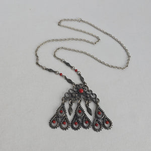 Vintage Silver Tone Filigree Pendant Necklace Red Bead Dangles
