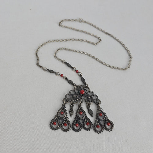 Vintage Silver Tone Filigree Pendant Necklace Red Bead Dangles