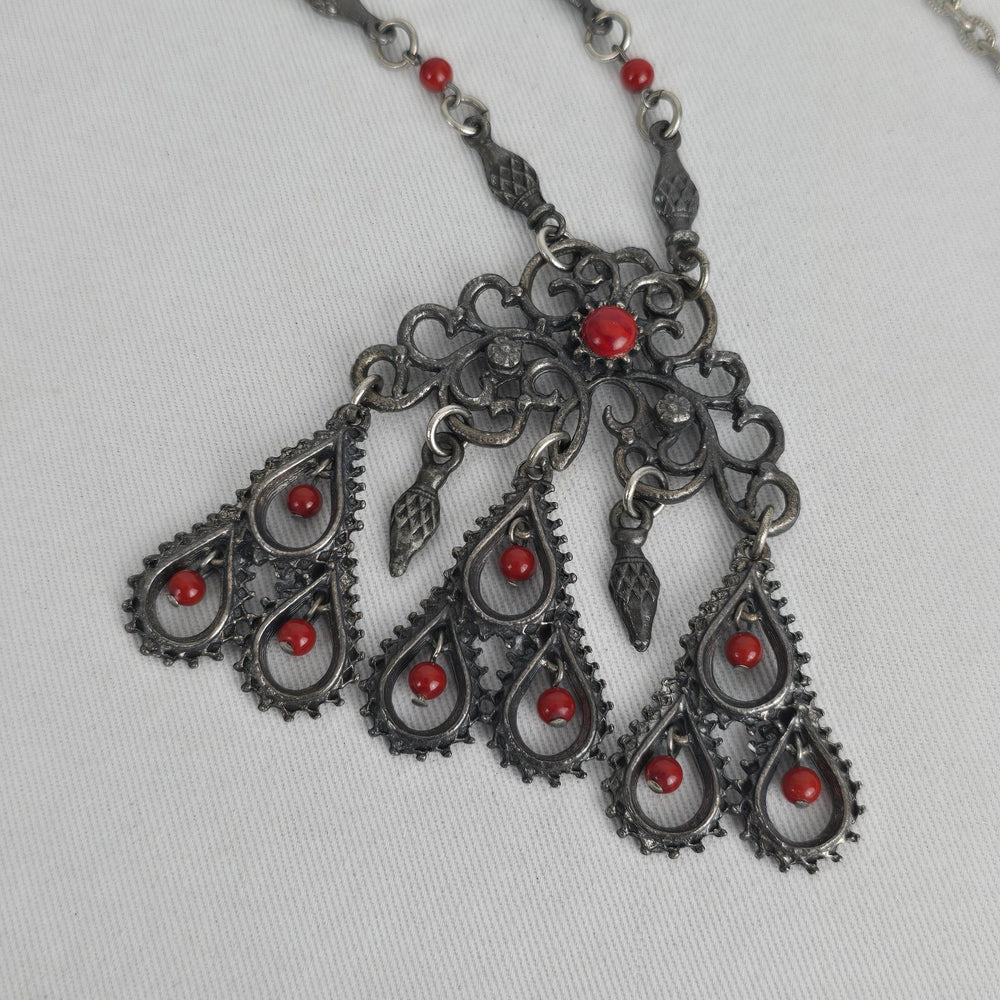 Vintage Silver Tone Filigree Pendant Necklace Red Bead Dangles