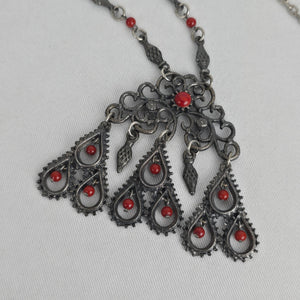 Vintage Silver Tone Filigree Pendant Necklace Red Bead Dangles