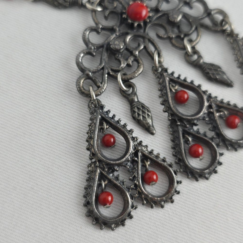 Vintage Silver Tone Filigree Pendant Necklace Red Bead Dangles