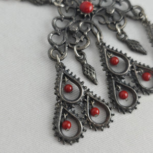 Vintage Silver Tone Filigree Pendant Necklace Red Bead Dangles