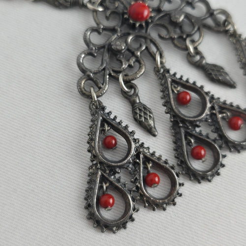 Vintage Silver Tone Filigree Pendant Necklace Red Bead Dangles