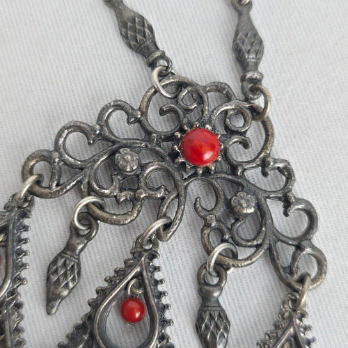 Vintage Silver Tone Filigree Pendant Necklace Red Bead Dangles