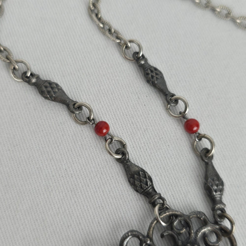 Vintage Silver Tone Filigree Pendant Necklace Red Bead Dangles