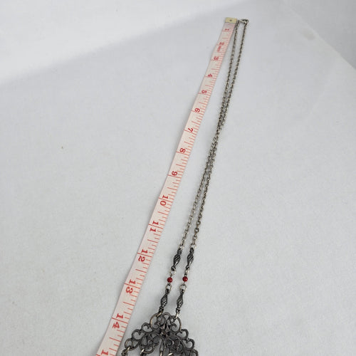 Vintage Silver Tone Filigree Pendant Necklace Red Bead Dangles