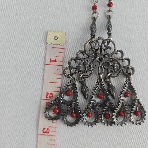 Vintage Silver Tone Filigree Pendant Necklace Red Bead Dangles