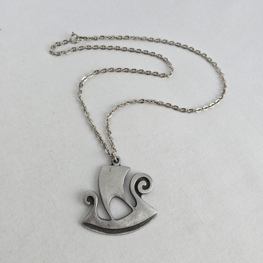 Vintage R. Tennesmed Sweden Pewter Viking Ship Pendant Necklace