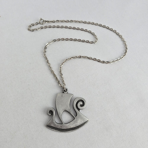 Vintage R. Tennesmed Sweden Pewter Viking Ship Pendant Necklace