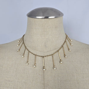 Vintage Hong Kong Gold Tone Faux Pearl Fringe Dangle Necklace