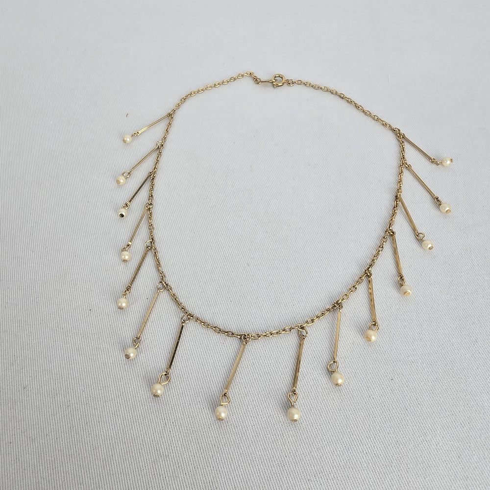 Vintage Hong Kong Gold Tone Faux Pearl Fringe Dangle Necklace