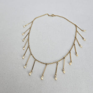 Vintage Hong Kong Gold Tone Faux Pearl Fringe Dangle Necklace