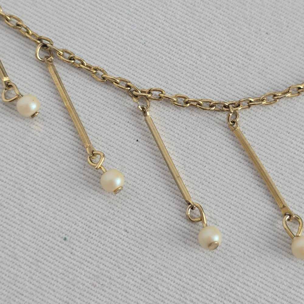 Vintage Hong Kong Gold Tone Faux Pearl Fringe Dangle Necklace