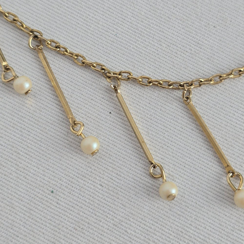 Vintage Hong Kong Gold Tone Faux Pearl Fringe Dangle Necklace