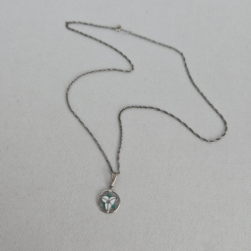 Sterling Silver Enamel Flower Pendant Necklace White Green Floral