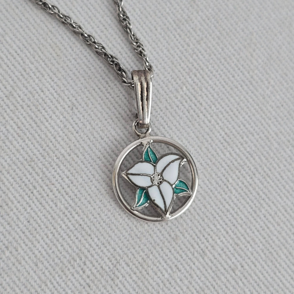 Sterling Silver Enamel Flower Pendant Necklace White Green Floral