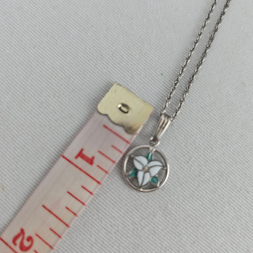 Sterling Silver Enamel Flower Pendant Necklace White Green Floral