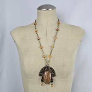 Vintage Mexican Copper Brass Mixed Metal Carved Onyx Warrior Mask Pendant Necklace