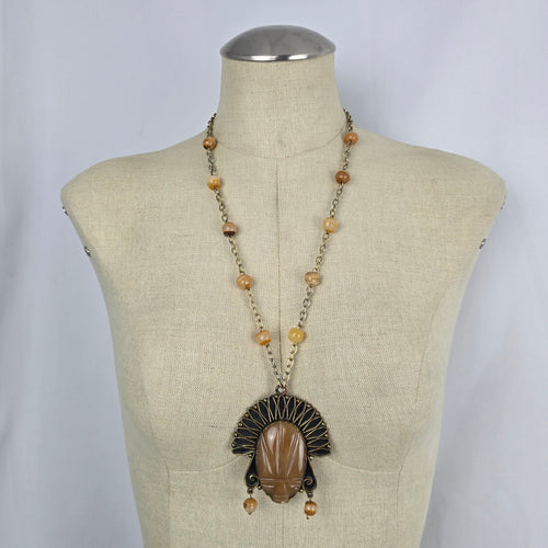 Vintage Mexican Copper Brass Mixed Metal Carved Onyx Warrior Mask Pendant Necklace
