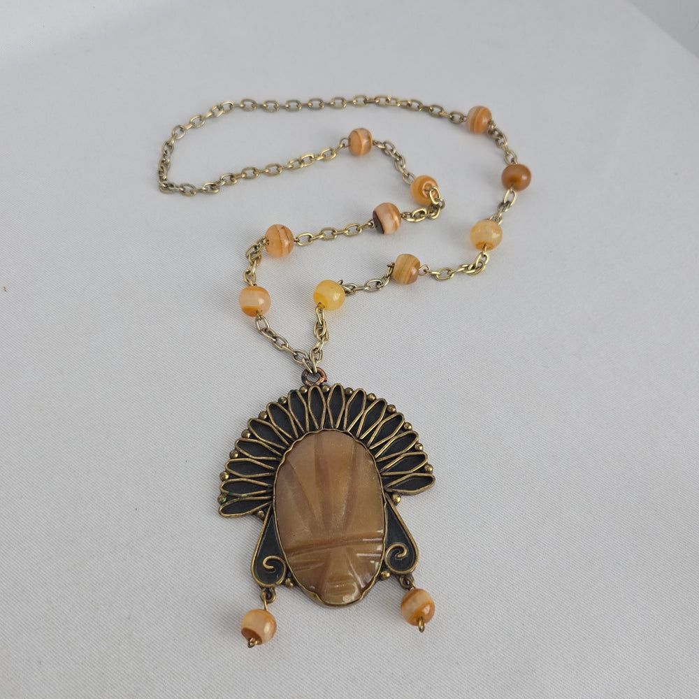 Vintage Mexican Copper Brass Mixed Metal Carved Onyx Warrior Mask Pendant Necklace