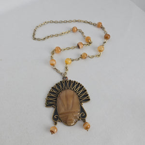 Vintage Mexican Copper Brass Mixed Metal Carved Onyx Warrior Mask Pendant Necklace