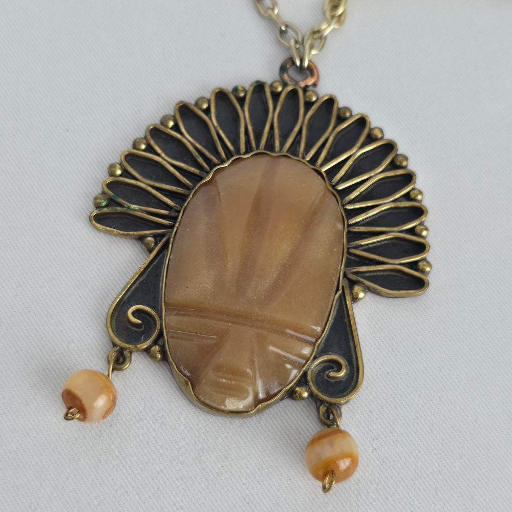 Vintage Mexican Copper Brass Mixed Metal Carved Onyx Warrior Mask Pendant Necklace