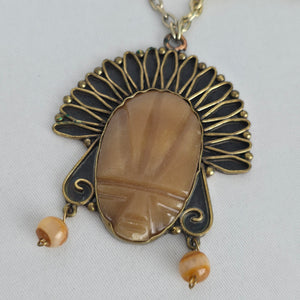 Vintage Mexican Copper Brass Mixed Metal Carved Onyx Warrior Mask Pendant Necklace