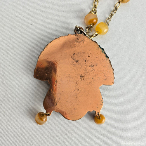 Vintage Mexican Copper Brass Mixed Metal Carved Onyx Warrior Mask Pendant Necklace