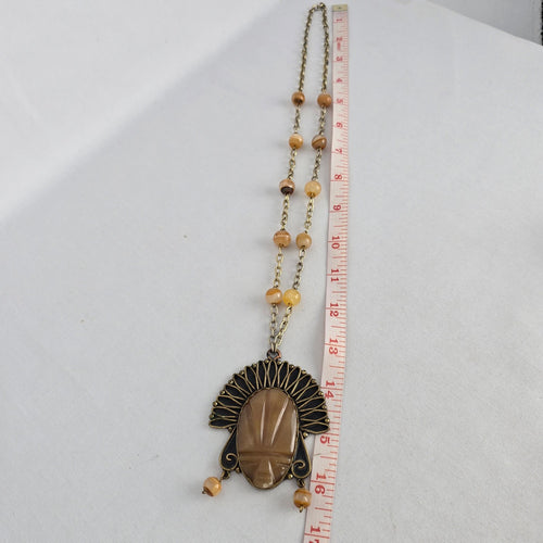 Vintage Mexican Copper Brass Mixed Metal Carved Onyx Warrior Mask Pendant Necklace