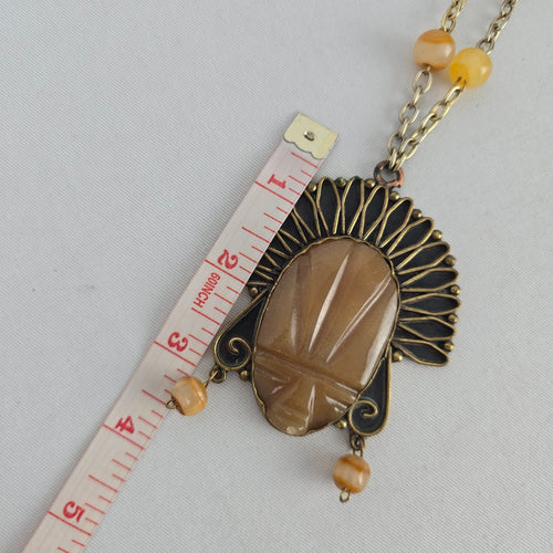 Vintage Mexican Copper Brass Mixed Metal Carved Onyx Warrior Mask Pendant Necklace