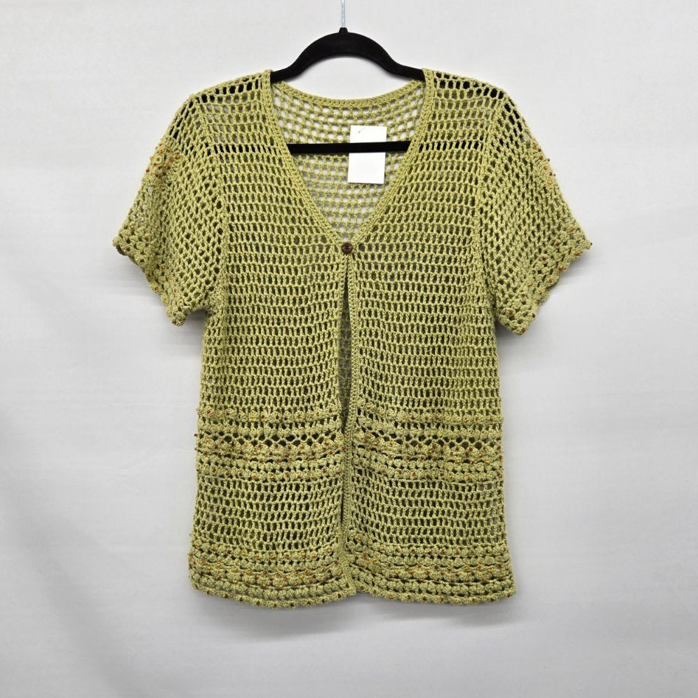 Vintage Light Green Crochet Open Knit Top with Beaded Accents - Size M