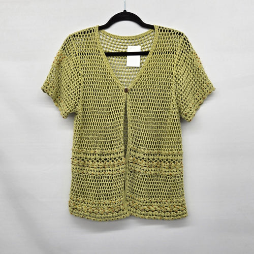 Vintage Light Green Crochet Open Knit Top with Beaded Accents - Size M