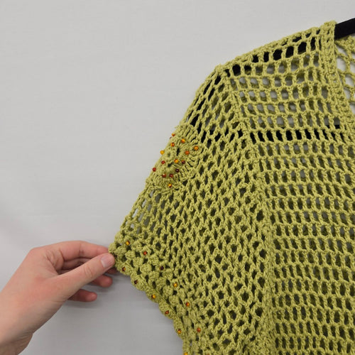 Vintage Light Green Crochet Open Knit Top with Beaded Accents - Size M