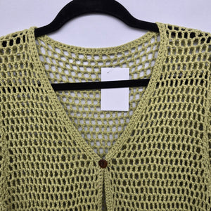 Vintage Light Green Crochet Open Knit Top with Beaded Accents - Size M