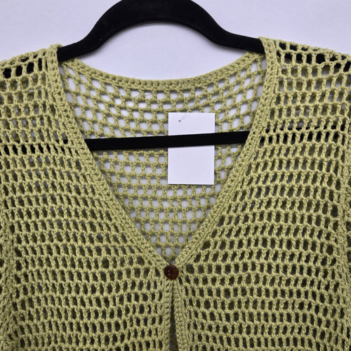 Vintage Light Green Crochet Open Knit Top with Beaded Accents - Size M