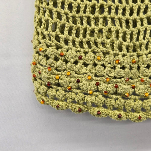 Vintage Light Green Crochet Open Knit Top with Beaded Accents - Size M