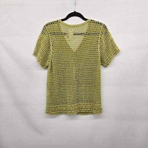 Vintage Light Green Crochet Open Knit Top with Beaded Accents - Size M