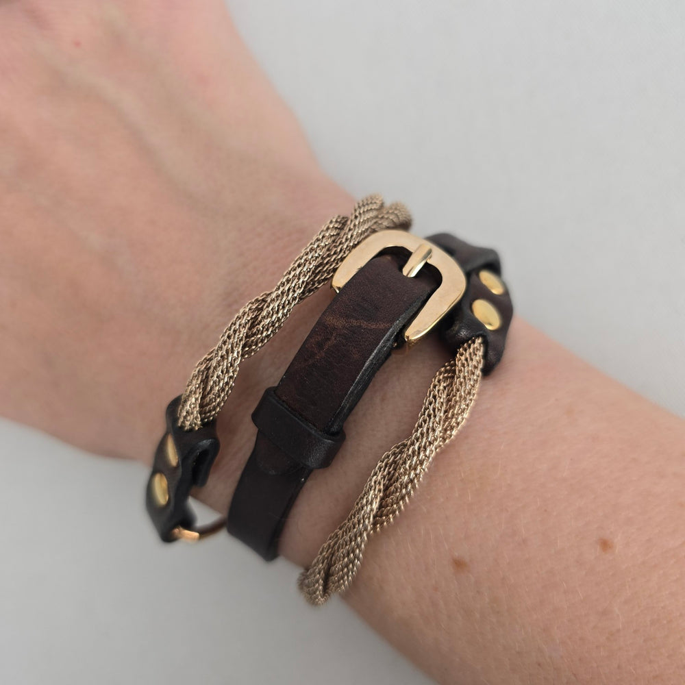 Marc Berstein Gold Tone Mesh Chain & Brown Leather Multi-Strand Bracelet