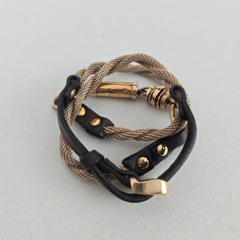 Marc Berstein Gold Tone Mesh Chain & Brown Leather Multi-Strand Bracelet