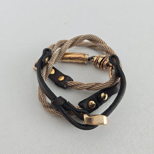 Marc Berstein Gold Tone Mesh Chain & Brown Leather Multi-Strand Bracelet