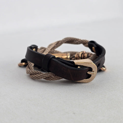 Marc Berstein Gold Tone Mesh Chain & Brown Leather Multi-Strand Bracelet