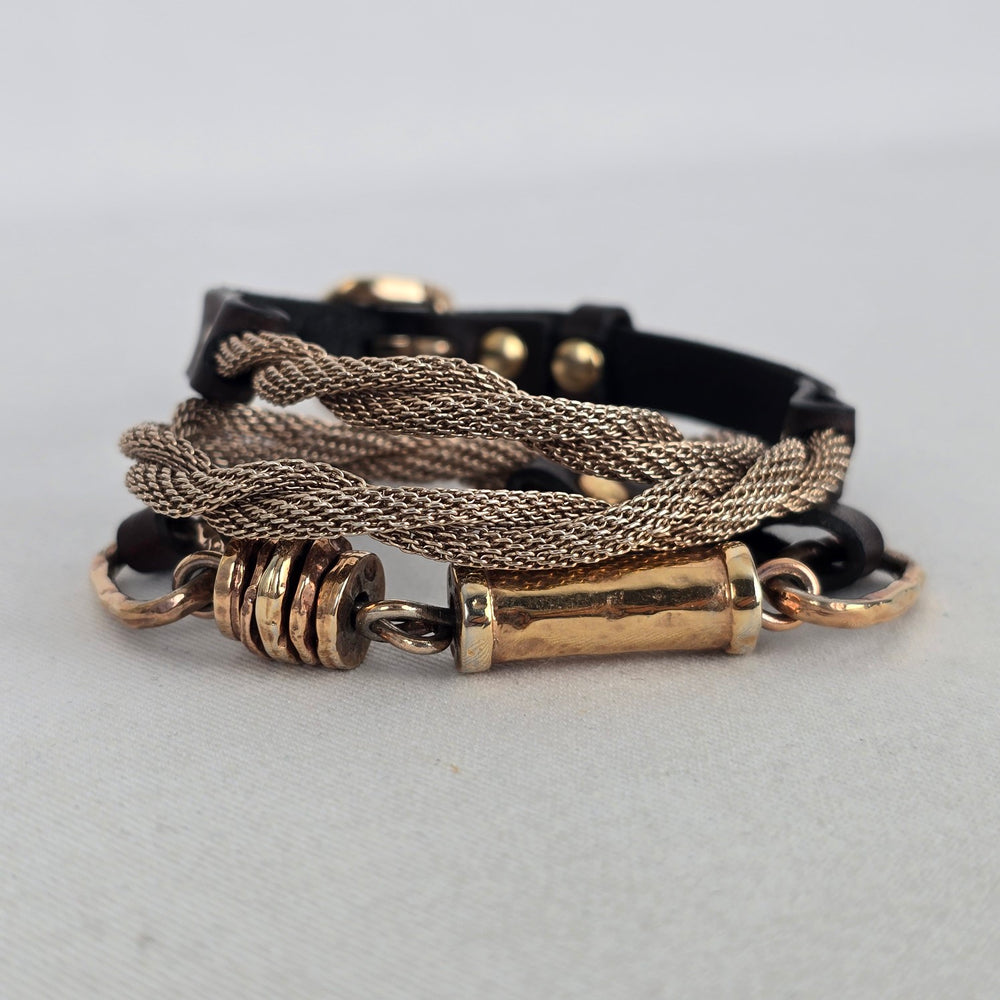 Marc Berstein Gold Tone Mesh Chain & Brown Leather Multi-Strand Bracelet