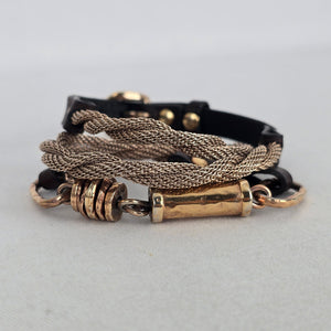 Marc Berstein Gold Tone Mesh Chain & Brown Leather Multi-Strand Bracelet