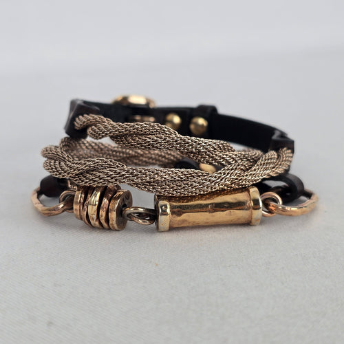 Marc Berstein Gold Tone Mesh Chain & Brown Leather Multi-Strand Bracelet