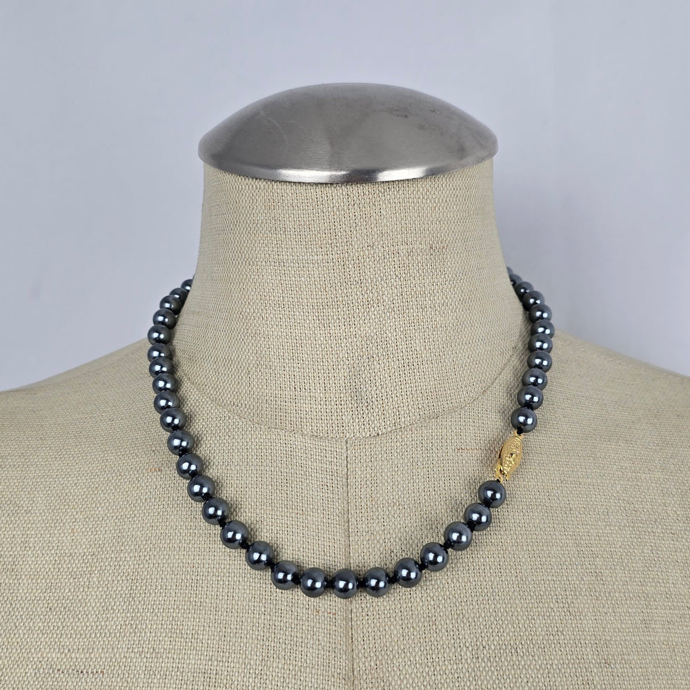 Vintage Gray Faux Pearl Beaded Necklace with Gold Tone Clasp