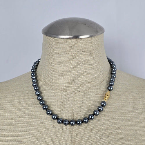 Vintage Gray Faux Pearl Beaded Necklace with Gold Tone Clasp