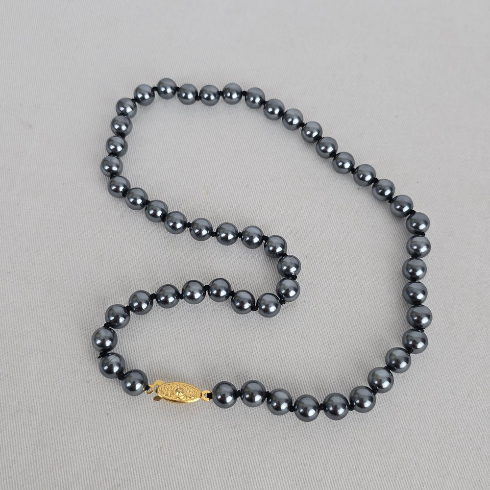 Vintage Gray Faux Pearl Beaded Necklace with Gold Tone Clasp