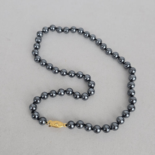 Vintage Gray Faux Pearl Beaded Necklace with Gold Tone Clasp